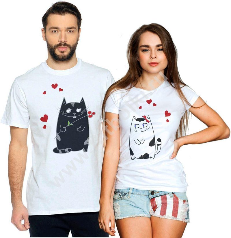 Футболки парные Черный кот, Белая кошка - фото