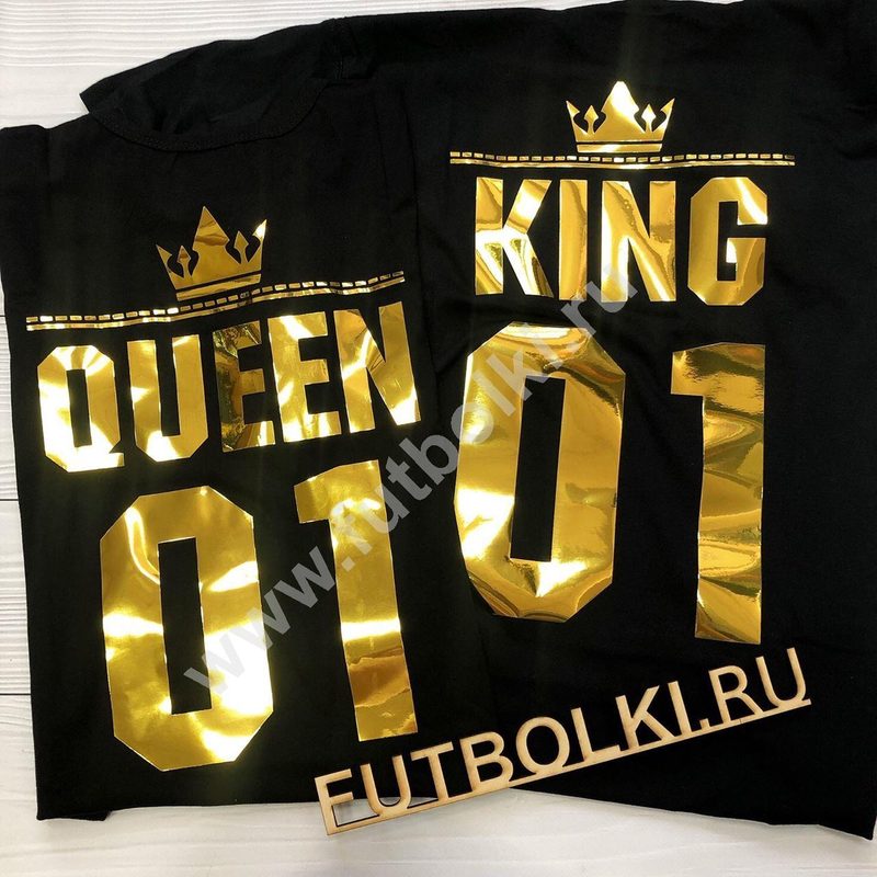 Парные футболки King 01 queen 01 с короной, глянцевое золото - фото