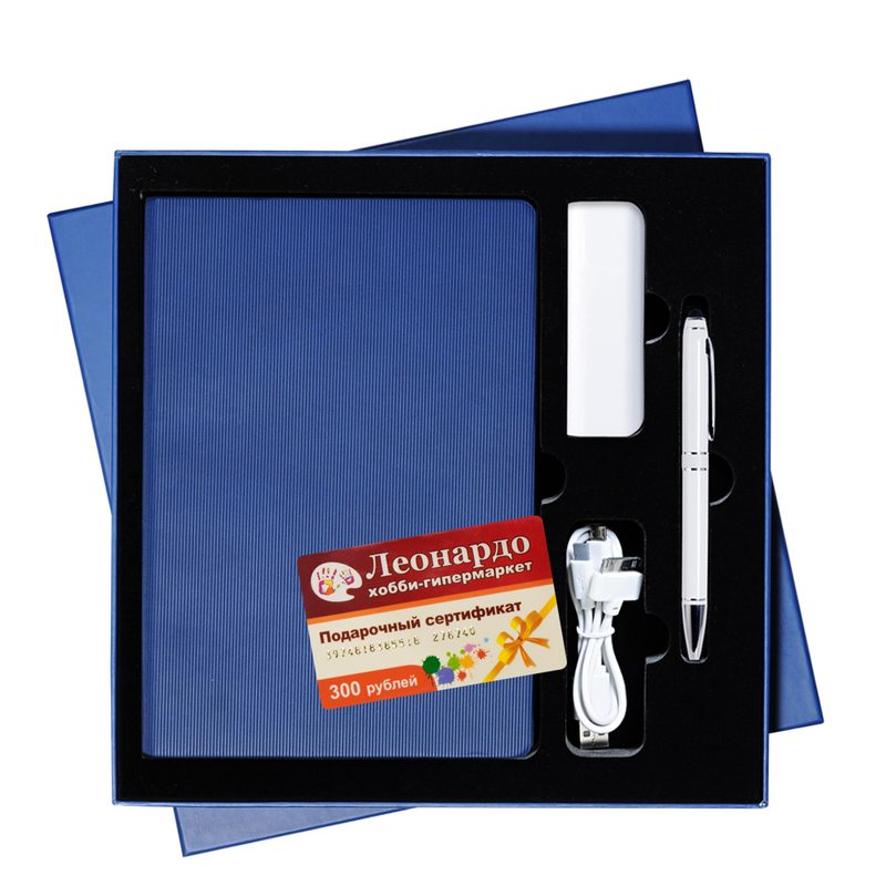 Подарочный набор Portobello/Rain синий (Ежедневник недат А5, Ручка, Power Bank)+ Подарочный сертификат «Леонардо» - фото