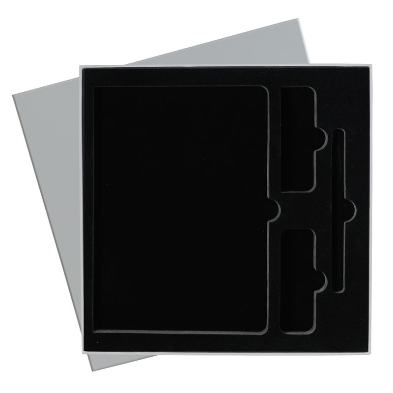 ПОДАРОЧНАЯ КОРОБКА ПОД ЕЖЕДНЕВНИК +РУЧКА+ВНЕШ.АККУМУЛЯТОР, СЕРАЯ, 250*250 мм, с ложементом - фото