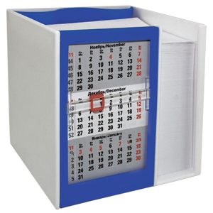 Календарь настольный  на 2 года с кубариком; белый с синим; 11х10х10 см; пластик; шелкография, тампо - фото