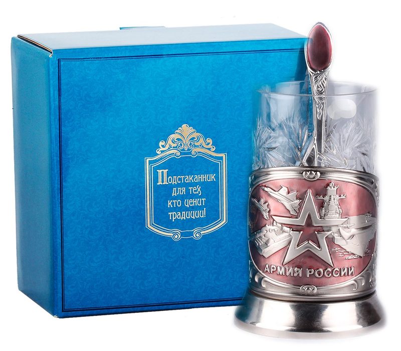 подстаканник подарочный никелированный с эмалью Армия в коробке (Город Подарков) - фото