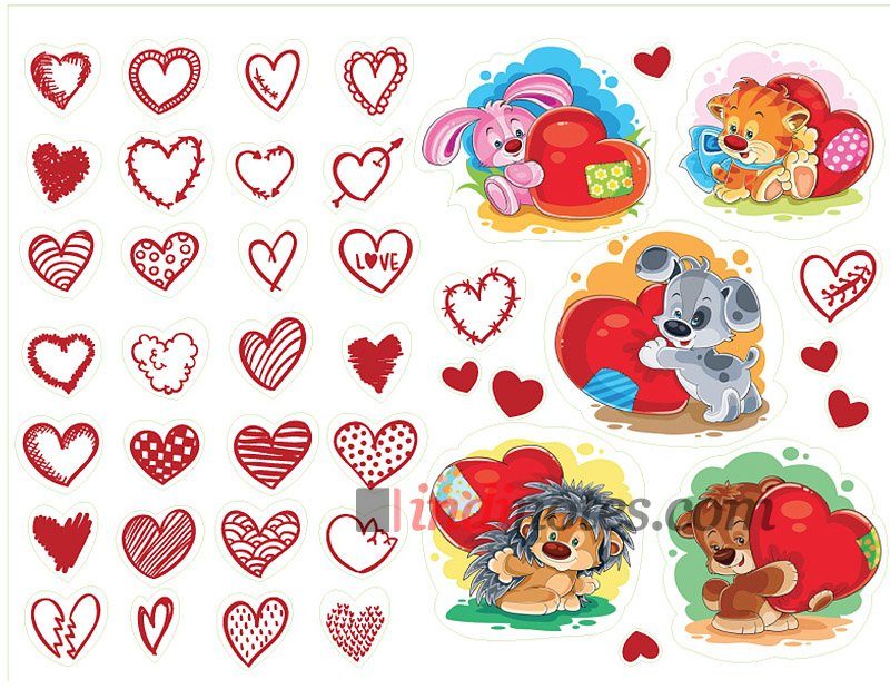 Сердечки (Hearts). Лист виниловых наклеек А4 - фото