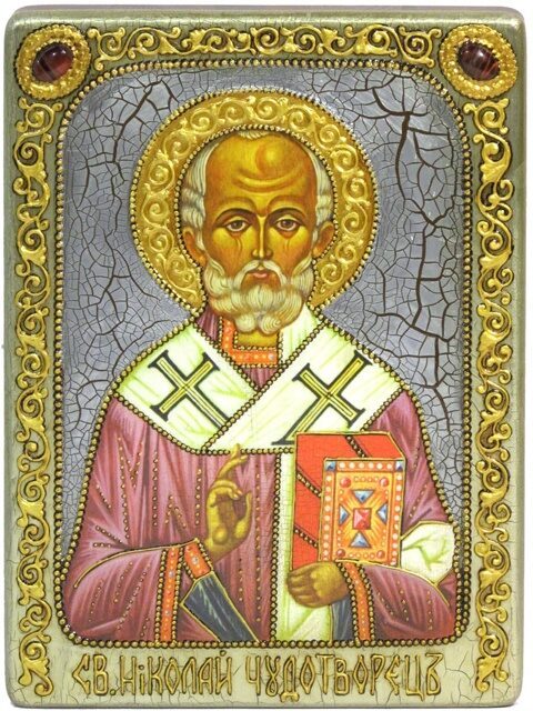 Аналойная икона Святитель Николай, архиепископ Мир Ликийский (Мирликийский), чудотворец на мореном дубе 21х29 см 999-RTI-640-5m - фото