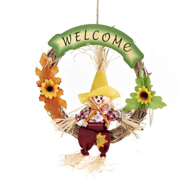 Украшение декоративное для сада (подвесное) Пугало/Welcome 25*32*2,5см.  1шт из 2-х видов (хлопковая ткань, солома) KENG-7320107 - фото