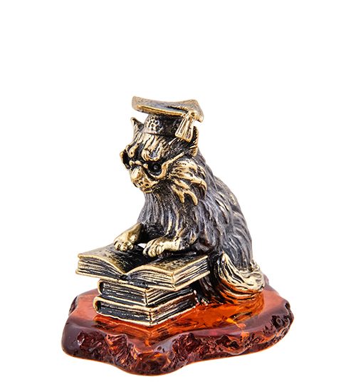 Фигурка Кот ученый (латунь, янтарь) AM-3625 113-7012623 - фото