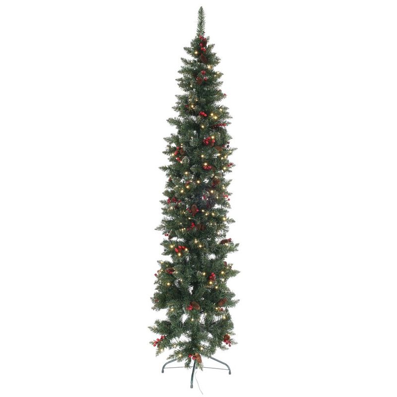 Ёлка искусств с подсветкой (шишки+ягоды), D55х210 см, 300 LED, тепл бел, 8 реж, от сети, провод 2,1м KSM-936336 - фото