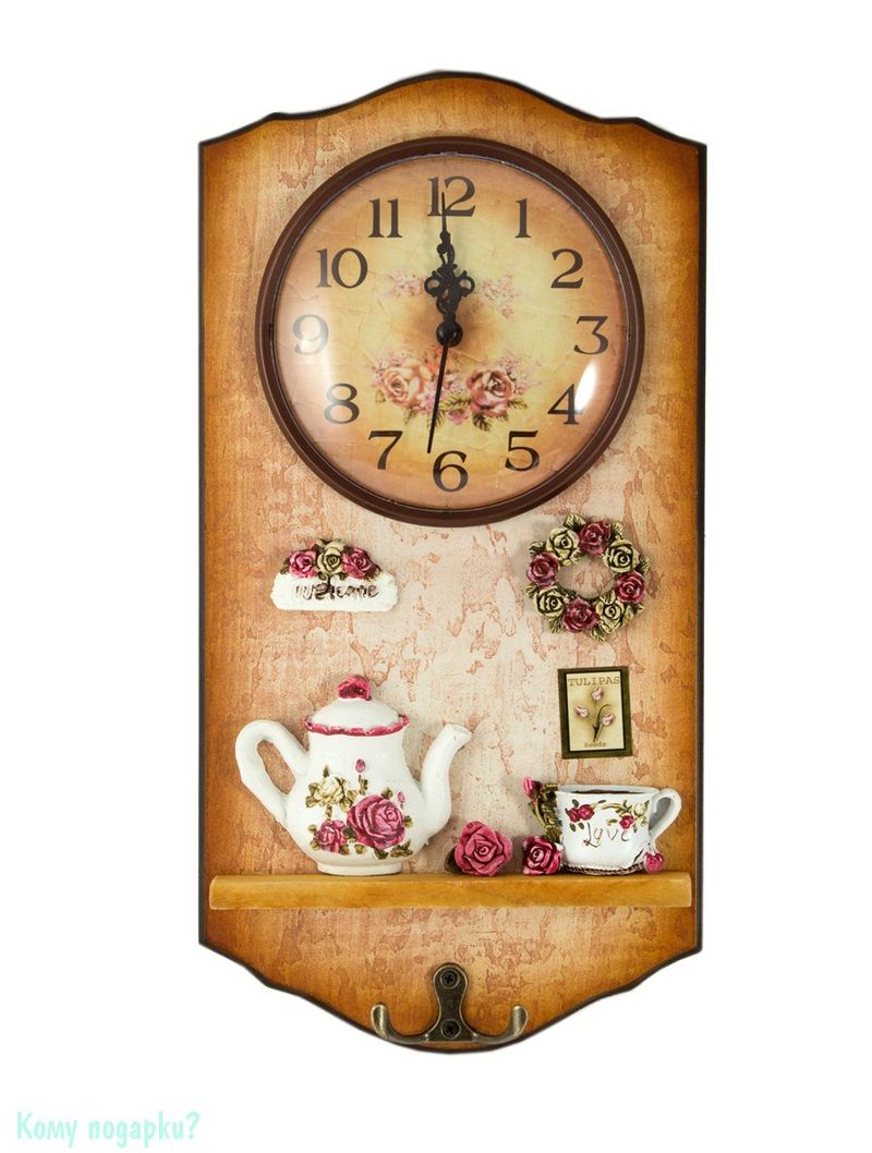 Коллаж-ключница с часами «Цветы», 34x17 cм - фото