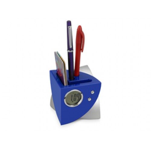 USB Hub на 4 порта с часами, подставкой под ручки и визитки, синий,серебристый - фото