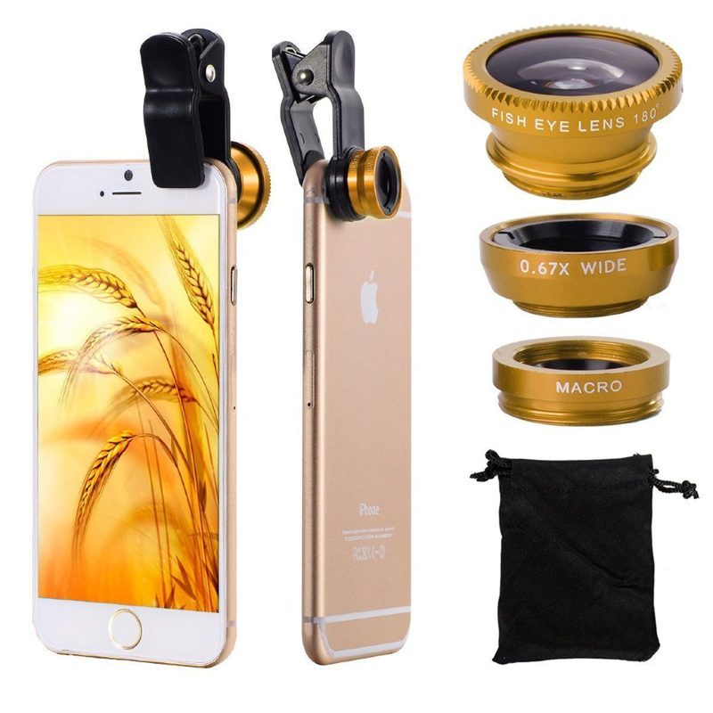 Объектив на клипсе 3 в 1 для iPhone и других телефонов — Fisheye + Macro + Wide Gold - фото