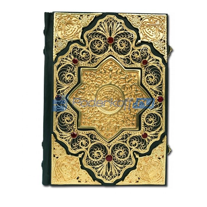 Коран Книга подарочная в шкатулке из замши с золотым литьем и гранатами - фото