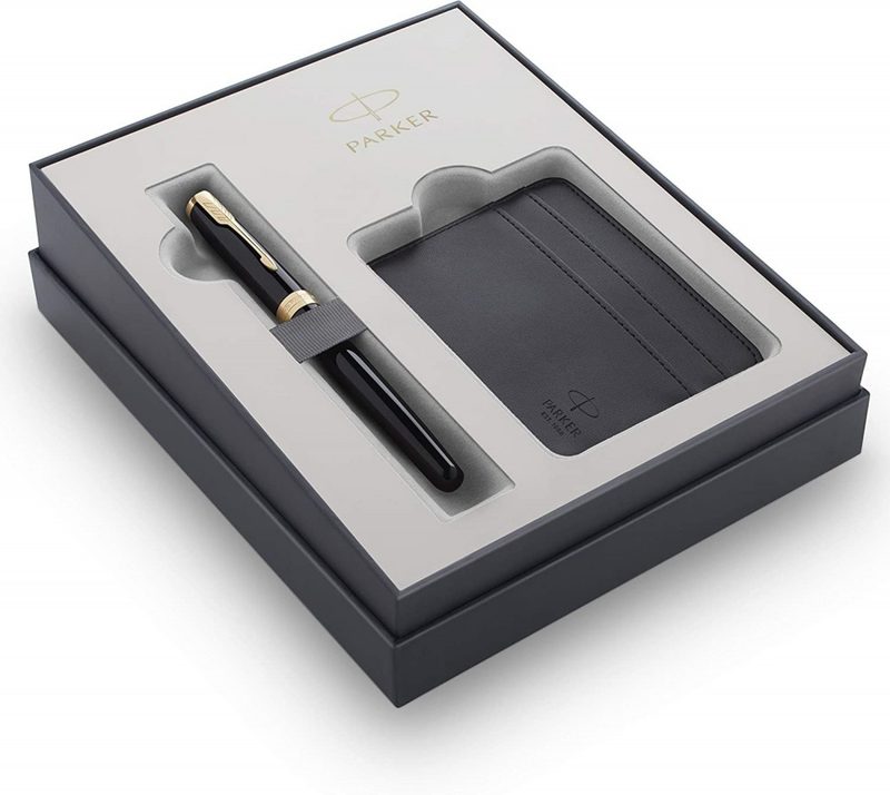 Подарочный набор Parker Sonnet с перьевой ручкой и футляром для карточек  Black GT, перо M, чернила синие - фото