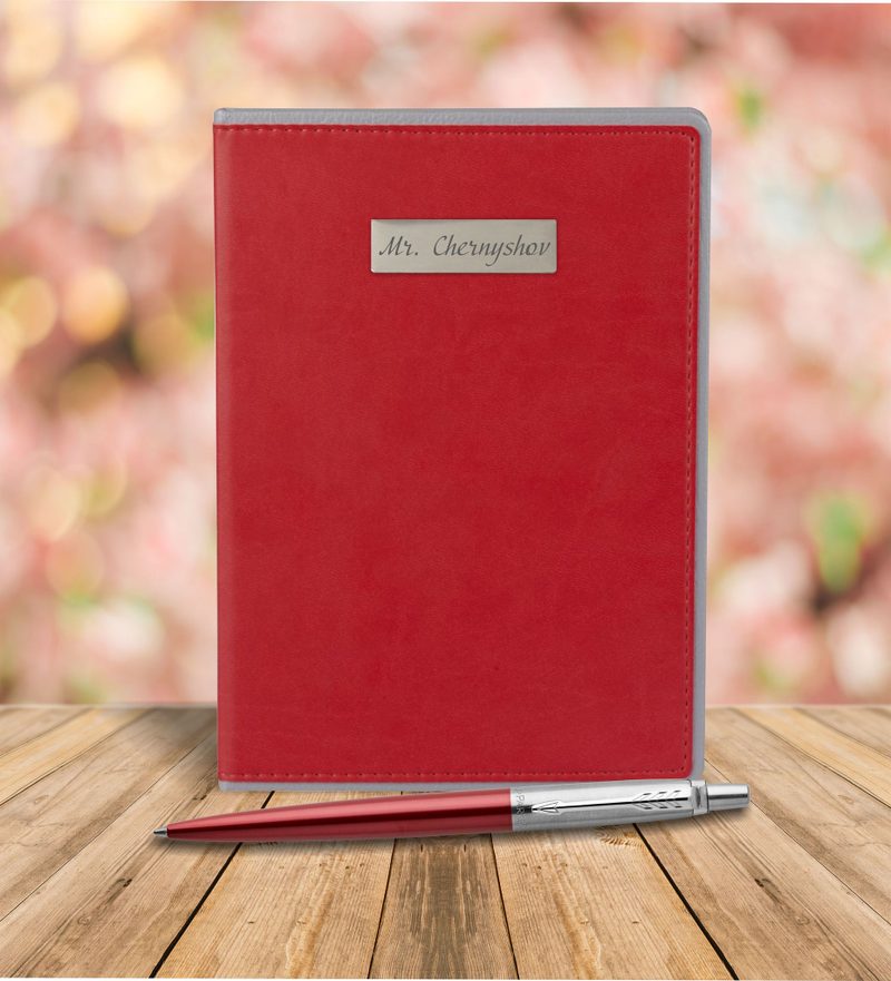 Набор с гравировкой: Ежедневник недатированный и Шариковая ручка Parker Jotter Essential, Kensington Red CT - фото