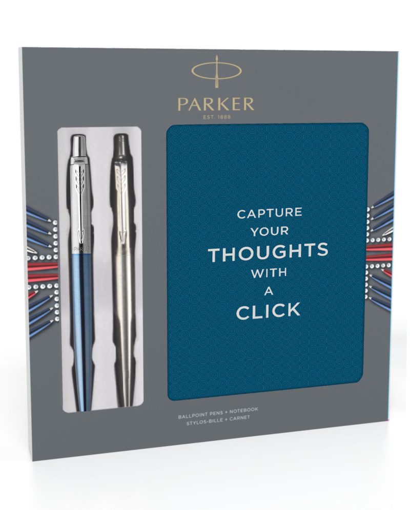 Подарочный набор с блокнотом и Шариковые ручки Parker Jotter Waterloo Blue CT и  St. Steel СT - фото