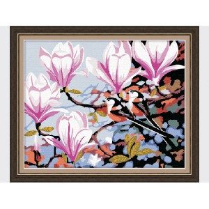 Картины раскраски по номерам-Снегири на ветке магнолии - фото