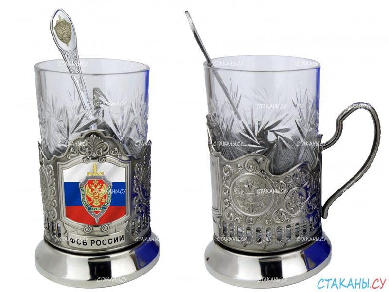 Подстаканник ФСБ термопечать (сублимация), никелированный. Набор для чая(3 пр.): карт.коробка, хруст. стакан, ложка - фото