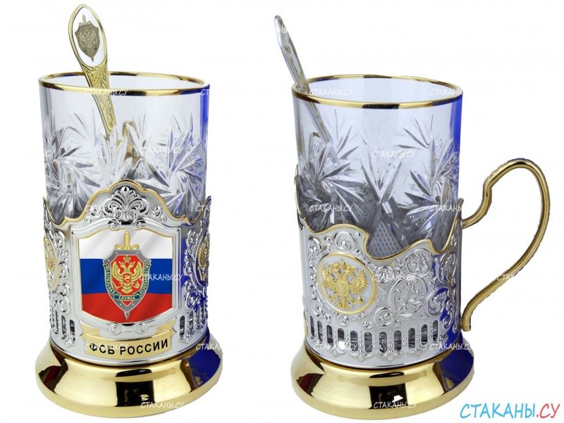 Подстаканник ФСБ термопечать (сублимация), позолоченный. Набор для чая(3 пр.): карт.коробка, хруст. стакан, ложка - фото
