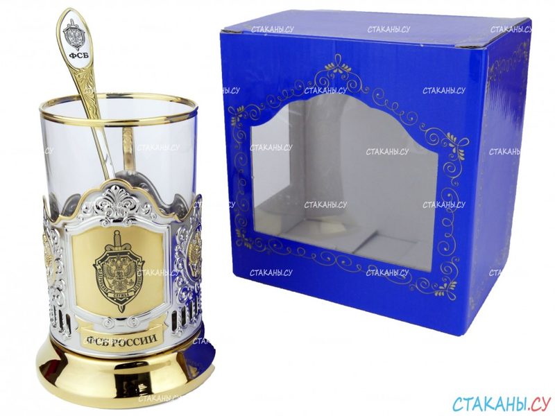 Набор для чая ФСБ гравировка, позолоченный (3 пр.): карт.коробка, стекл. стакан, ложка - фото