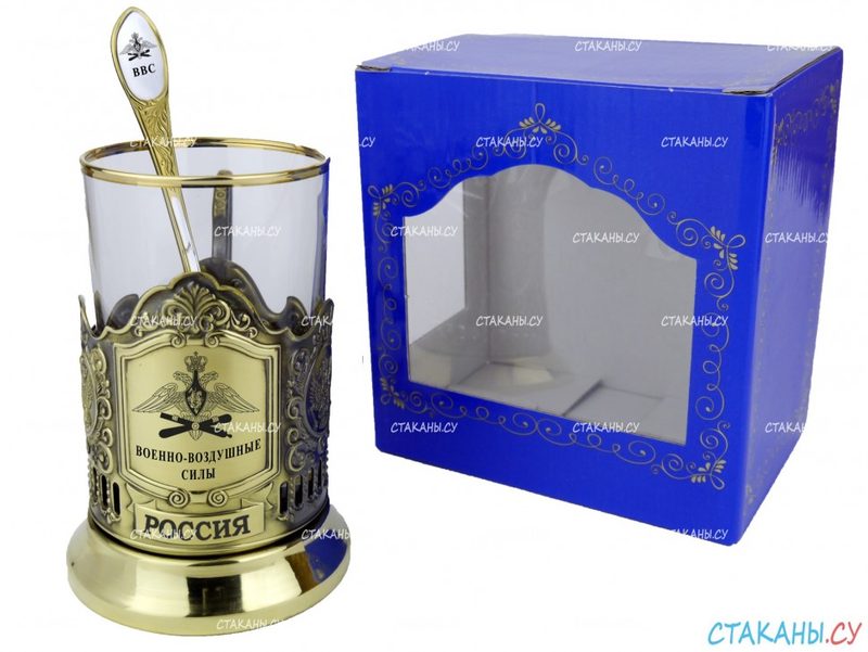 Подстаканник ВВС гравировка, латунный. Набор для чая (3 пр.): карт. коробка, стекл. стакан, ложка - фото