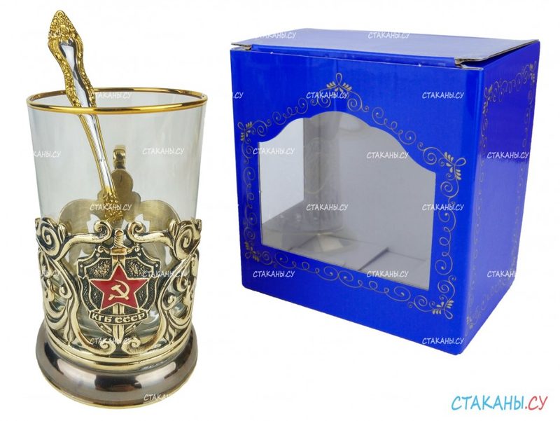 Подстаканник КГБ точное литье. Набор для чая (3 пр.): карт. коробка, стекл. стакан, ложка - фото