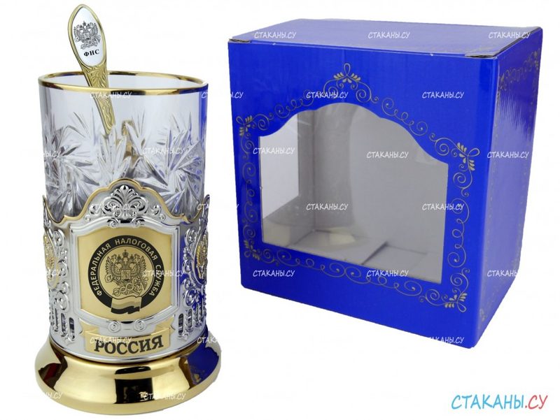 Подстаканник ФНС гравировка, позолоченный. Набор для чая (3 пр.): карт. коробка, хруст. стакан, ложка - фото