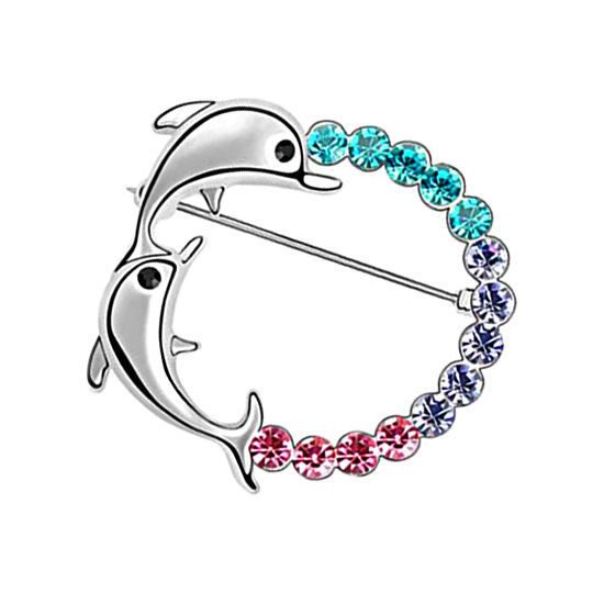 Брошь с кристаллами Swarovski Два дельфина - фото