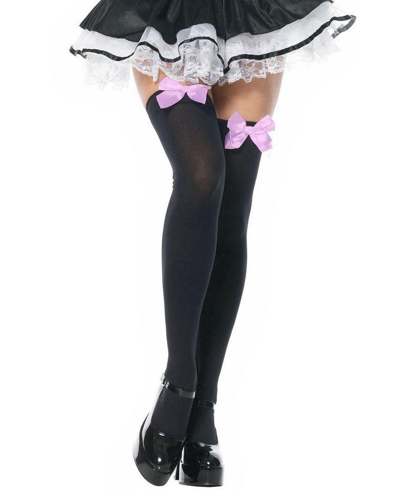 Чёрные чулки с розовыми бантами - фото