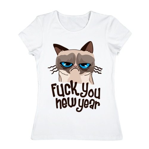 Женская футболка хлопок Cat fuck you new year - фото