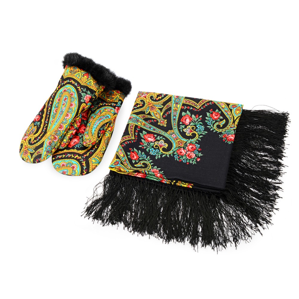 Подарочный набор: Павлопосадский платок, рукавицы, черный - фото