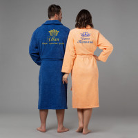 Комплект халатов с именной вышивкой Царь и Царица (синий и персик) - фото