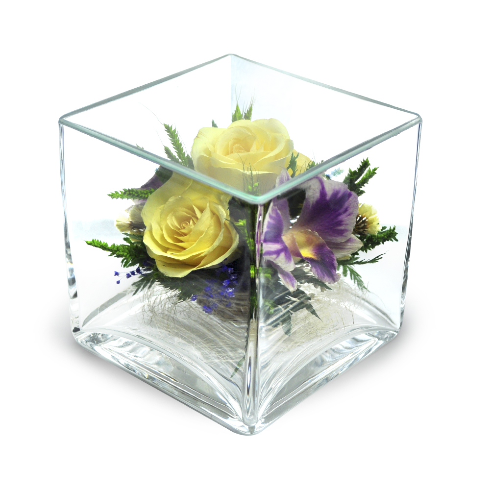 Куб с цветами внутри. Цветы в стекле ~ вакуум. Цветы под стеклом. Вазы прозрачные квадратные. Композиция цветов в стекле.