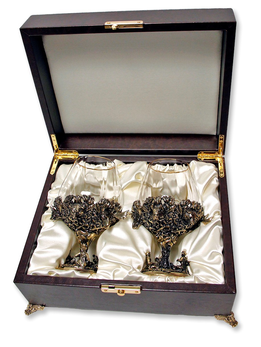 Набор из 2-х бокалов для бренди "Охота" (богемское стекло- отделка Оптика, бронза) в ларце - фото
