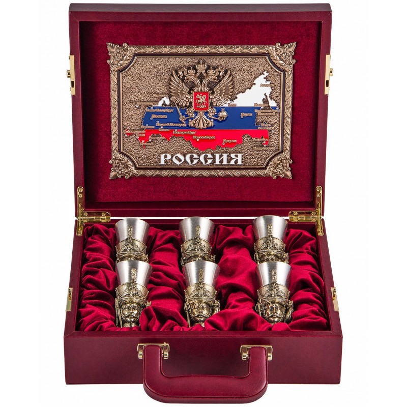 Подарочный набор чарок Гусарских в кейсе с медным панно арт. ПНЧГЛ-812 - фото