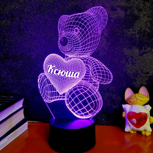 Именной 3D светильник «Медвежонок и сердечко» - фото
