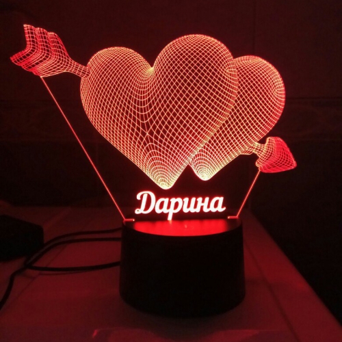 Именной 3D светильник «Два сердца» - фото