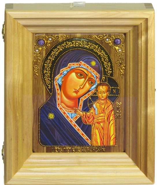 Полуаналойная икона Казанская икона Божией Матери на мореном дубе 15х20 см с нимбом из сусального золота в березовом киоте 999-RTI-221Au - фото