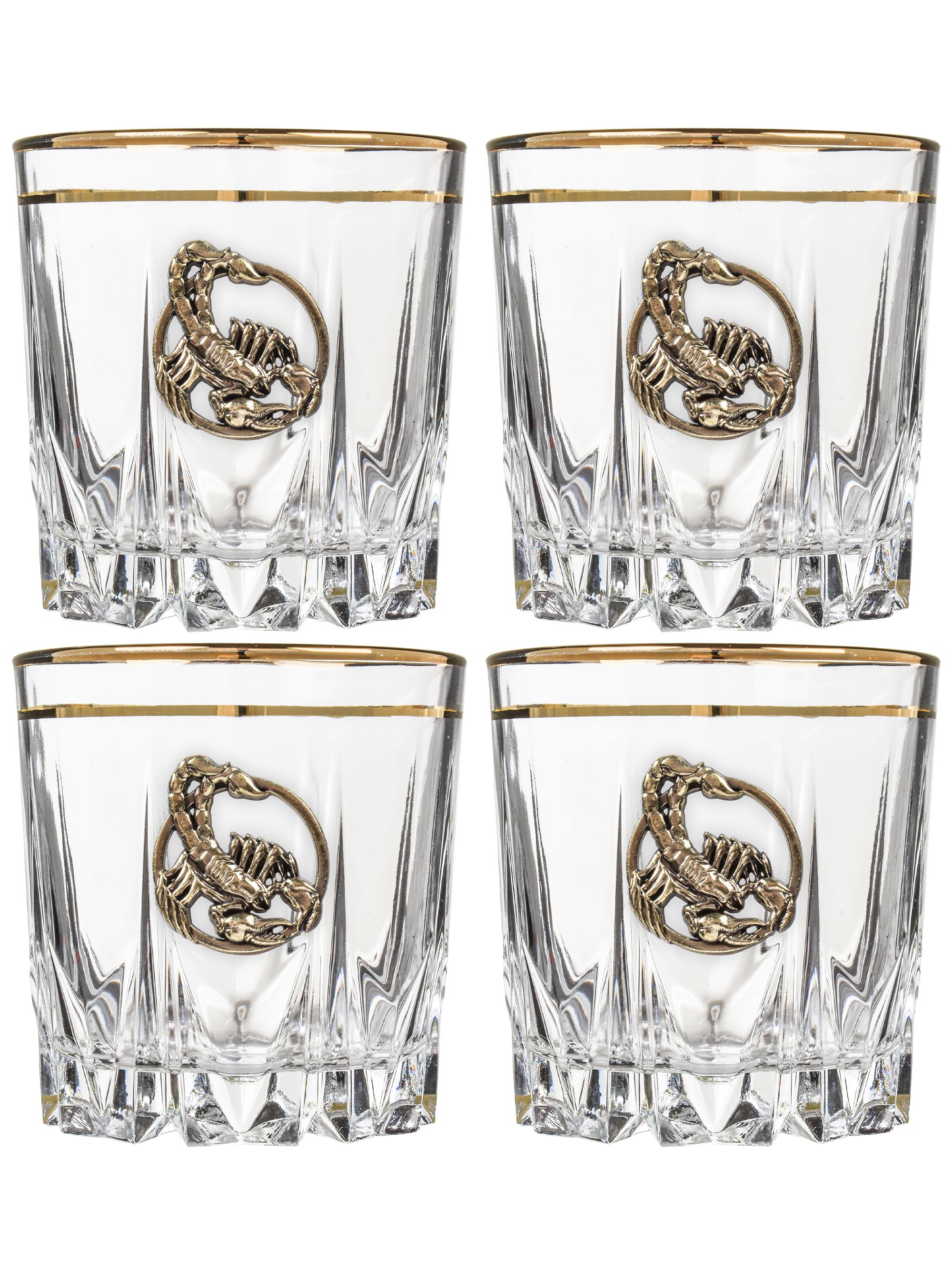Набор бокалов для виски Карат с золотой обводкой (4 шт.) с накладкой Скорпион латунь, упаковка пейсли,ложемент,шелк KGP-10059318 - фото