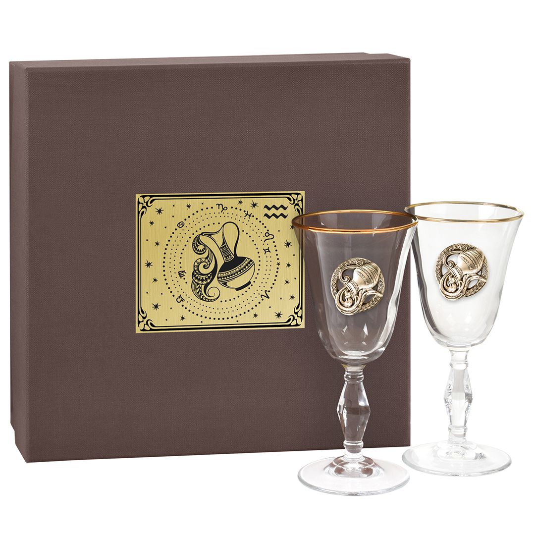 Набор бокалов для вина/шампанского Ретро с накладкой Водолей в упаковке пейсли, ложемент золотистый шелк, накладка золото пластик с гравировкой KGP-10059392 - фото