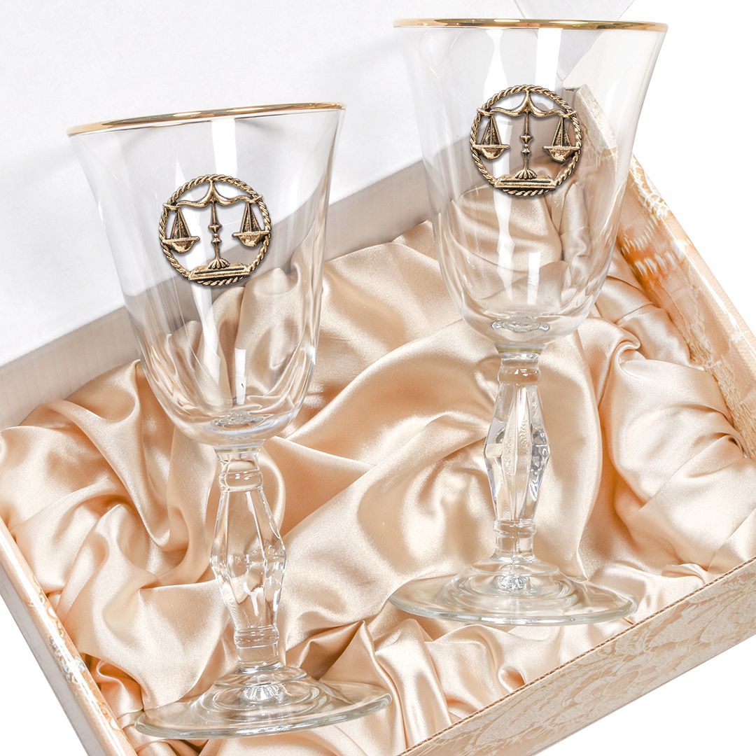 Набор из 2х бокалов для вина и шампанского Ретро с накладкой Весы в золотой подарочной коробке KGP-15000027 - фото