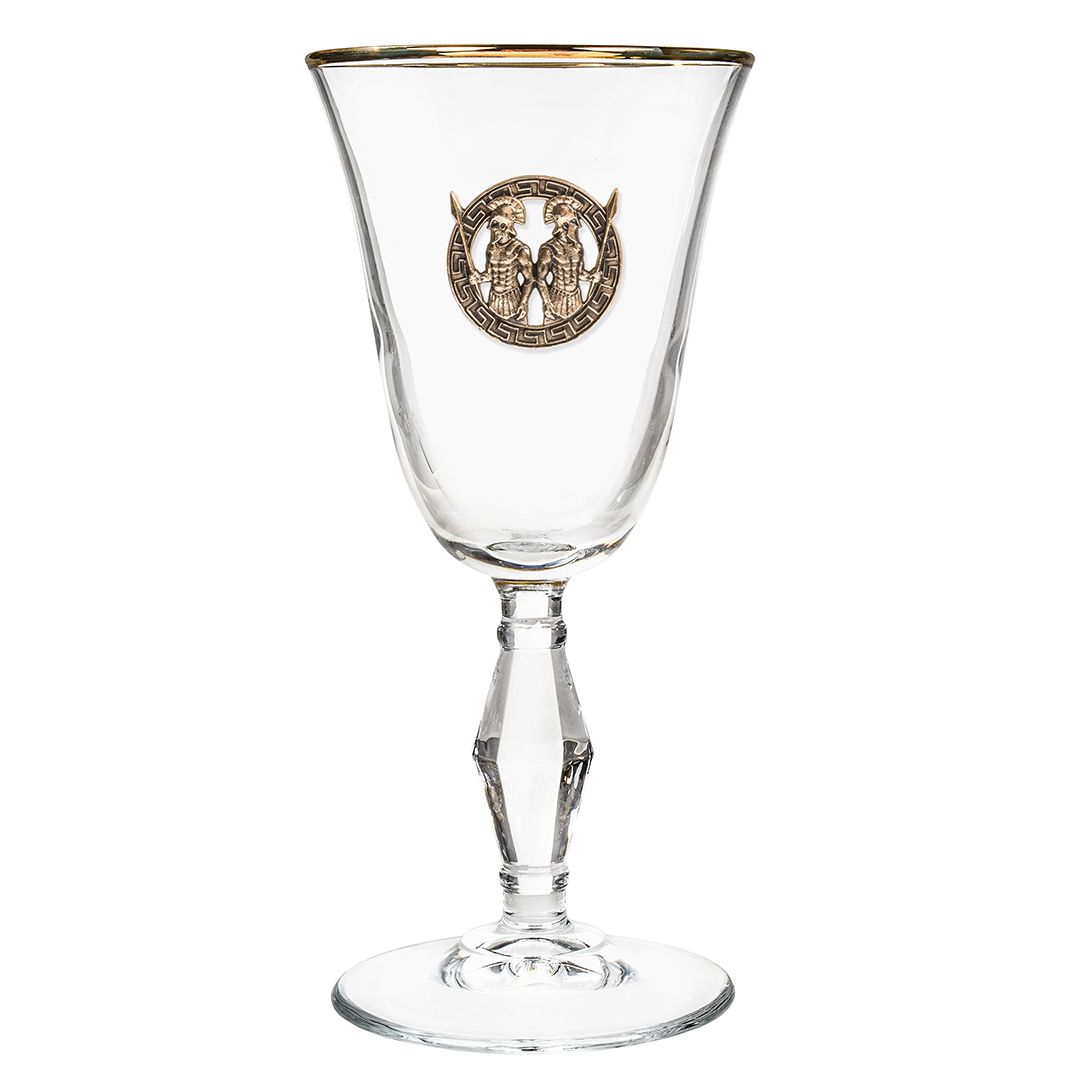 Набор из 2х бокалов для вина/шампанского Ретро с накладкой Близнецы в упаковке пейсли, ложемент золотистый шелк, накладка золото пластик с гравировкой KGP-10059531 - фото