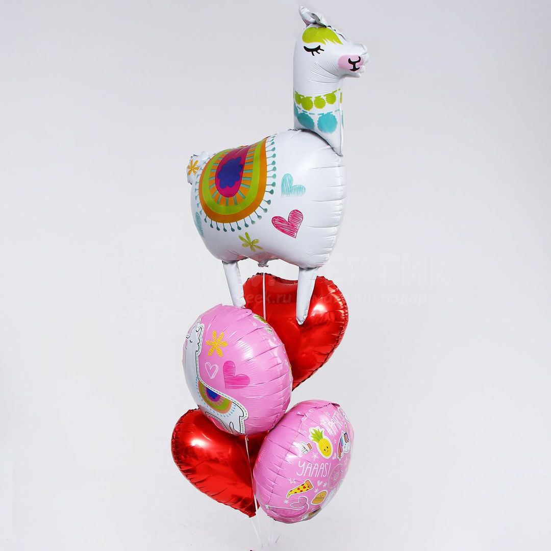 Букет из шаров Лама с сердцами (5 шаров) - фото