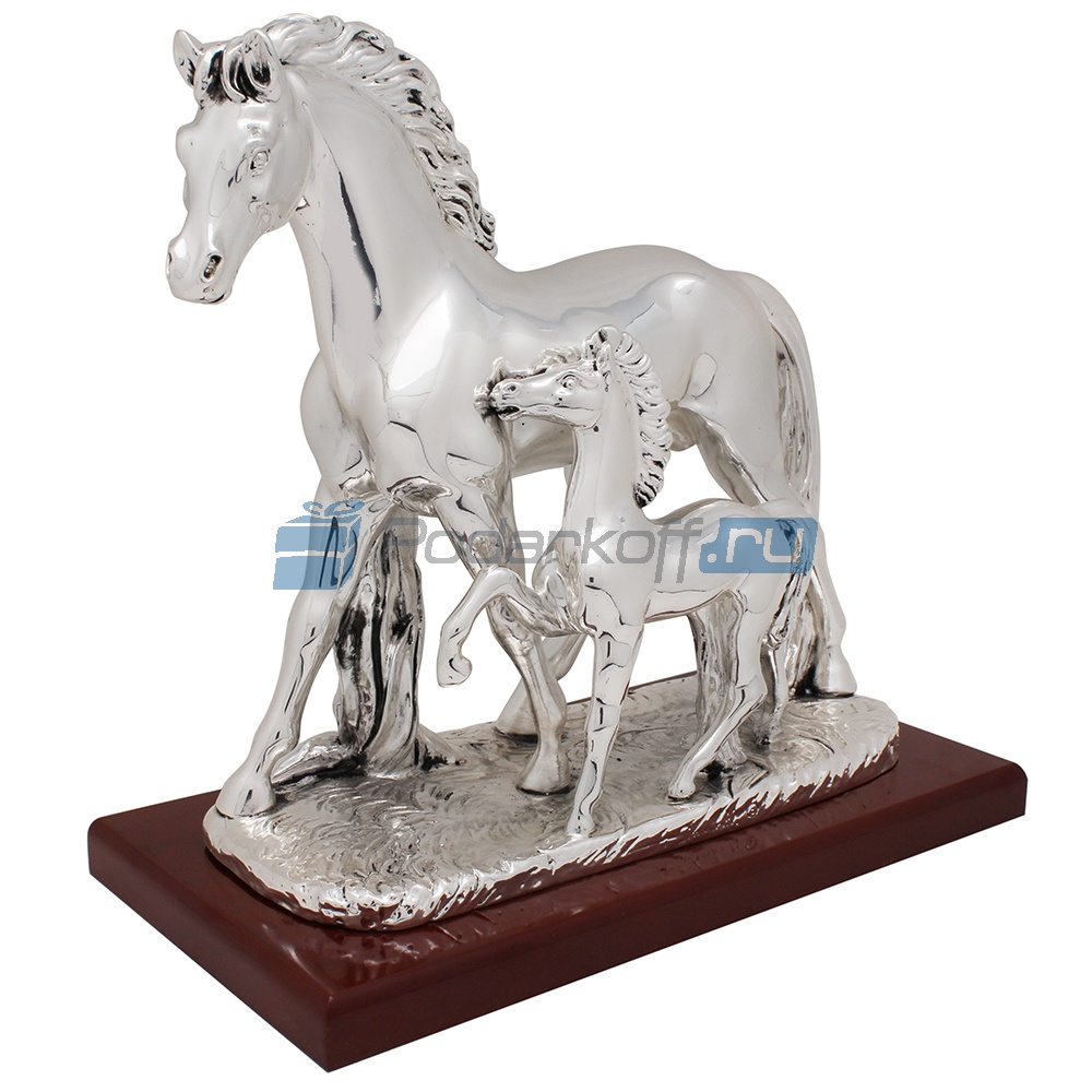 Скульптура Лошадь с жеребёнком, посеребрение - фото