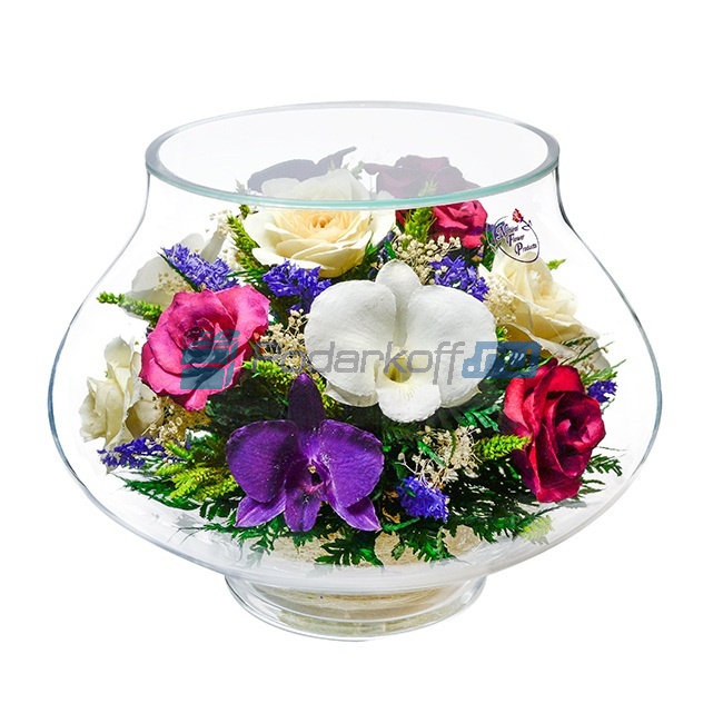 Цветы в стекле в вакууме Ванесса красно-сиренево-белая, розы и орхидеи - фото