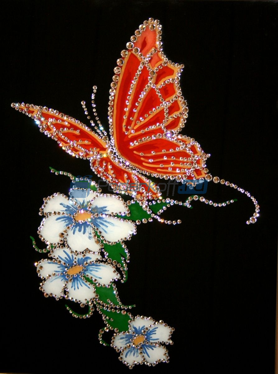 Картина Бабочка на цветке со стразами Swarovski - фото