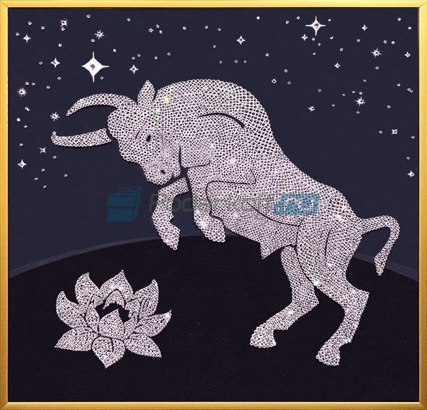 Картина с кристаллами Swarovski Бык и цветок Лотоса светлый - фото
